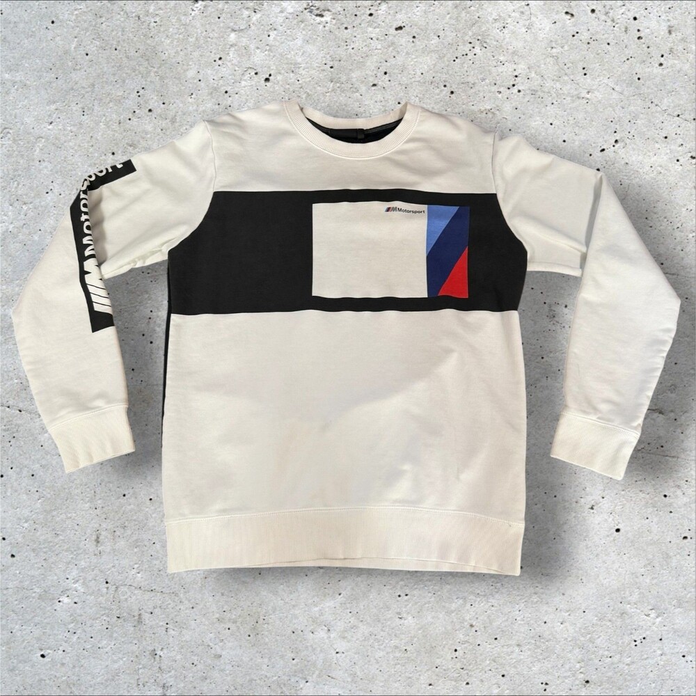 BMW Motorsport Graphic Crewneck Sweatshirt Mens Size XL White Black Pullover